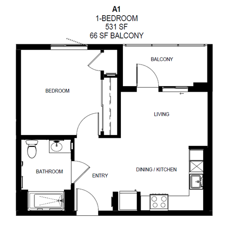 A 1-bedroom apartment in San Francisco is laid out in this diagram.